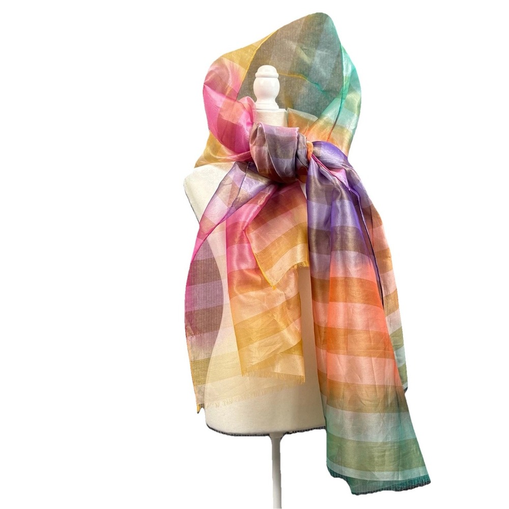 Vtg 90s Adrienne Landau Wrap Rainbow Plaid Sheer Organza Shawl Scarf - Picture 3 of 9